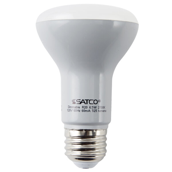A close up of a Satco frosted LED light bulb with a white base.