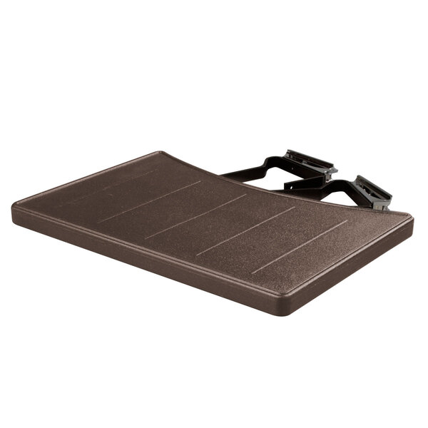 A brown plastic tray with black handles on a Carlisle Maximizer end shelf.