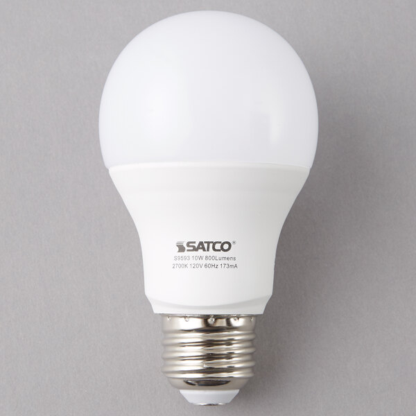 A frosted white Satco multi-directional LED light bulb.