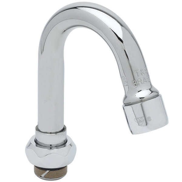 A silver T&S swivel gooseneck faucet nozzle.
