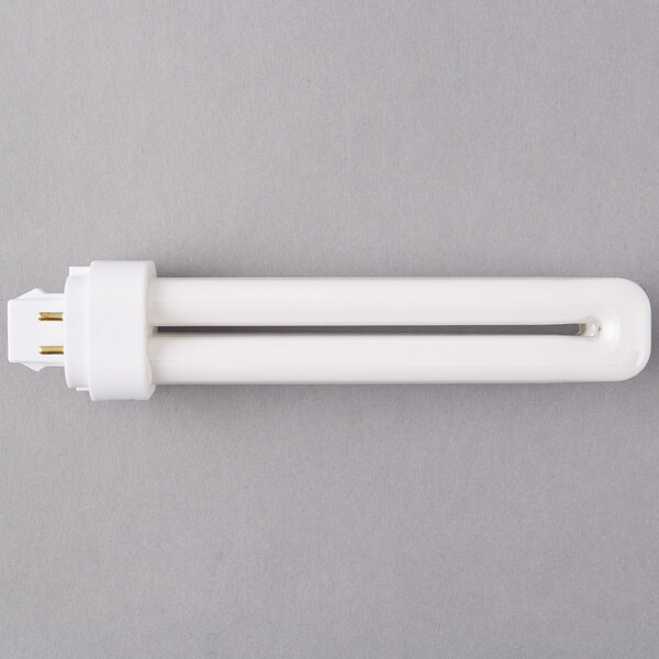 A Satco HyGrade Cool White pin-based compact fluorescent light bulb with white tubes.
