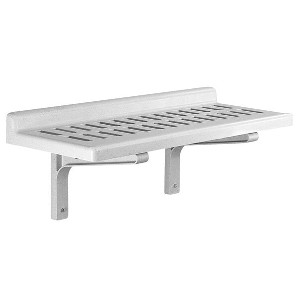 A white Cambro Camshelving® vented wall shelf with holes.