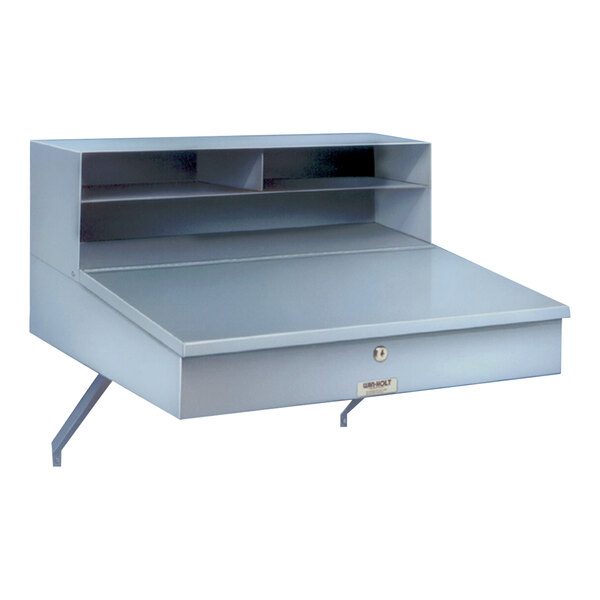 A grey Winholt wall mount receiving desk with a shelf and drawer.