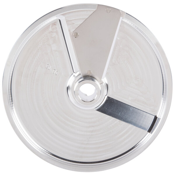 A circular silver metal Hobart Soft Slicing Plate with a hole in the center.