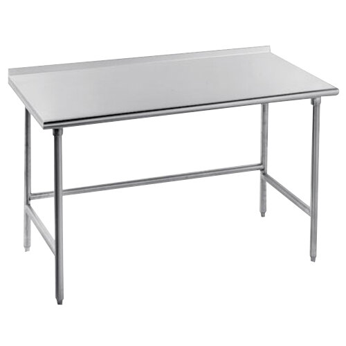 A white rectangular Advance Tabco stainless steel work table with an open base.