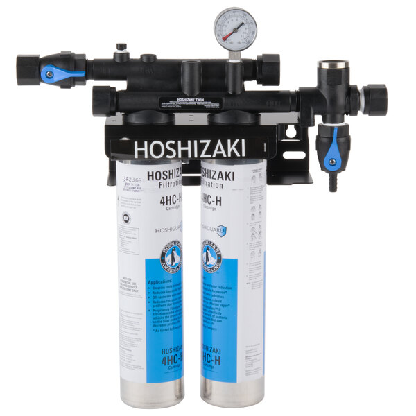 A Hoshizaki dual water cartridge filtration system with two filters attached.