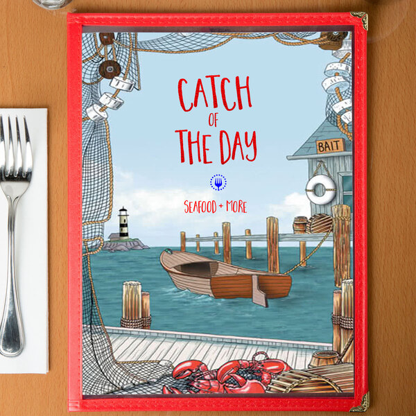 A Seafood Themed menu cover with a boat design on a table.
