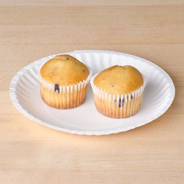 Two muffins in paper wrappers on a white uncoated paper plate.