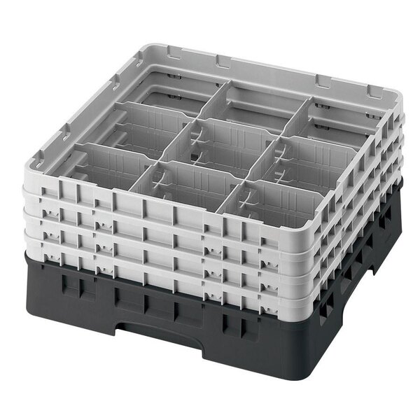 A black plastic Cambro glass rack with nine compartments.