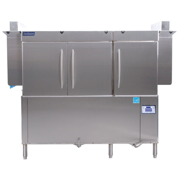 A stainless steel Jackson RackStar conveyor dishwasher with two doors.