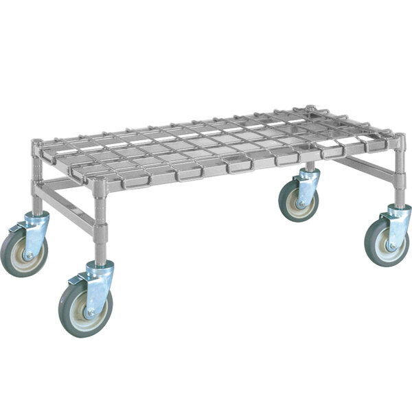 A Metro chrome dunnage rack with wheels.