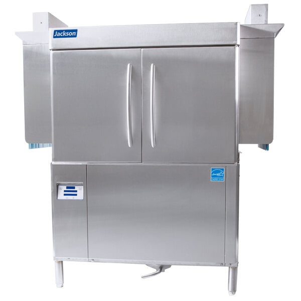A Jackson RackStar high temperature conveyor dishwasher with two doors on the left.