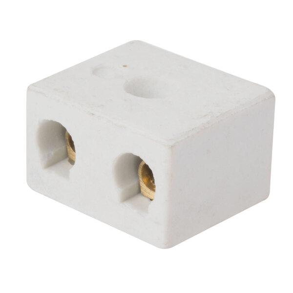 A white terminal block with two holes.