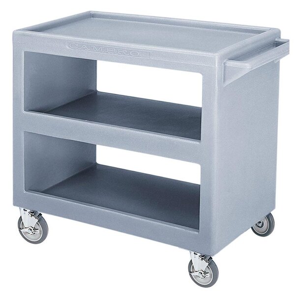 A slate blue plastic utility cart with three shelves and wheels.