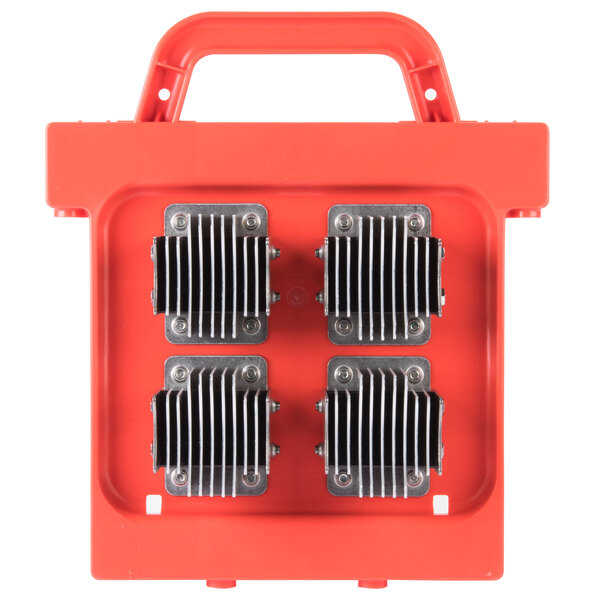 A red plastic pusher head assembly with four metal pieces.
