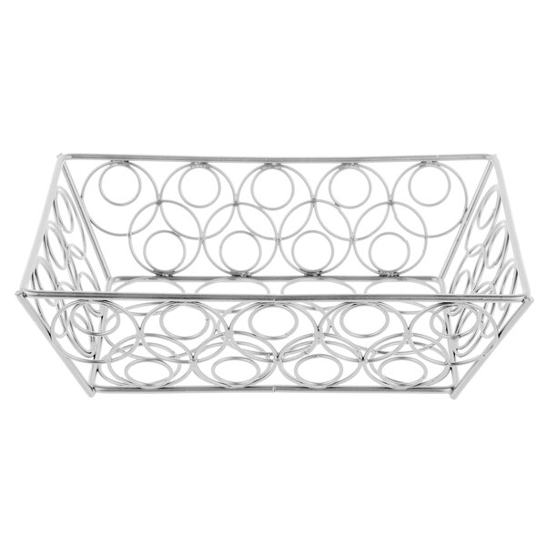 A chrome rectangular metal basket with looped circles on it.