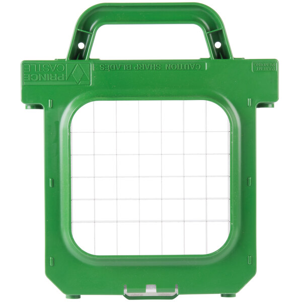 A green plastic frame with a grid containing a green plastic Prince Castle Saber King 1" x 1" Blade Assembly.