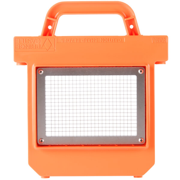 A orange plastic case with a grid on it for a Prince Castle 1/4" Dicer Blade Assembly.