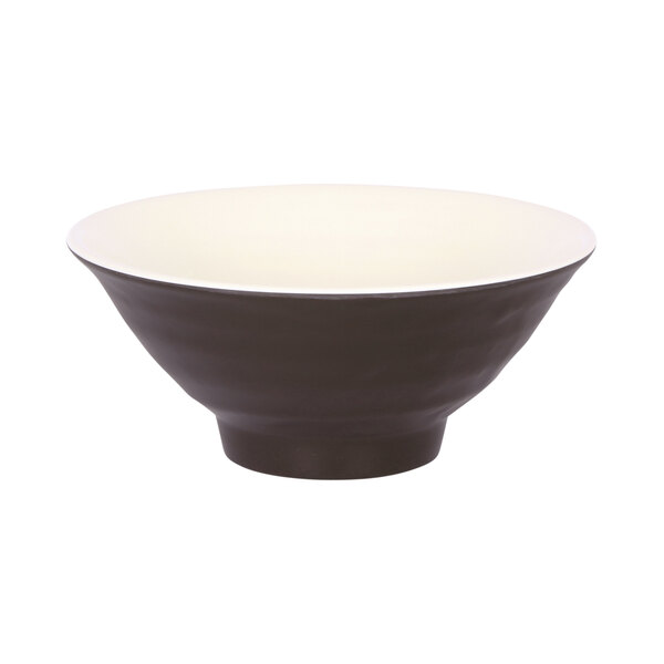 An Elite Global Solutions Durango melamine bowl with a white rim and chocolate interior.