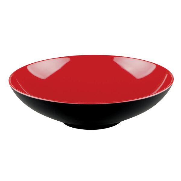 A red bowl with a black rim.