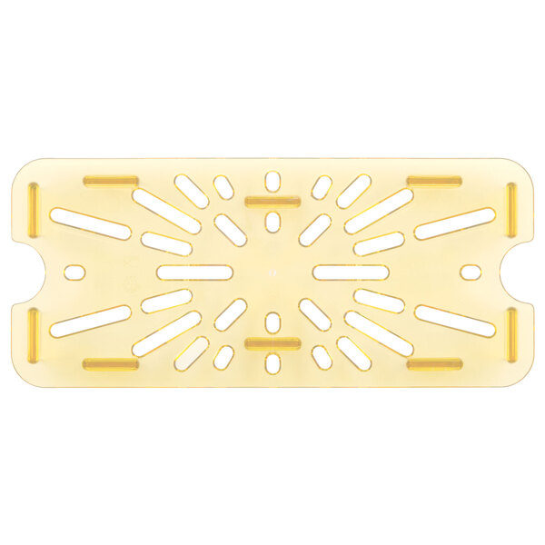 A rectangular yellow plastic drain tray with holes in it.