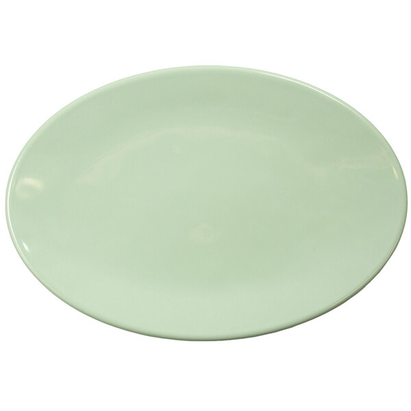 An Elite Global Solutions hemlock oval melamine plate with a light green border and white center.