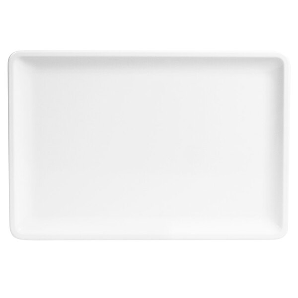 A white rectangular Elite Global Solutions melamine tray with handles.