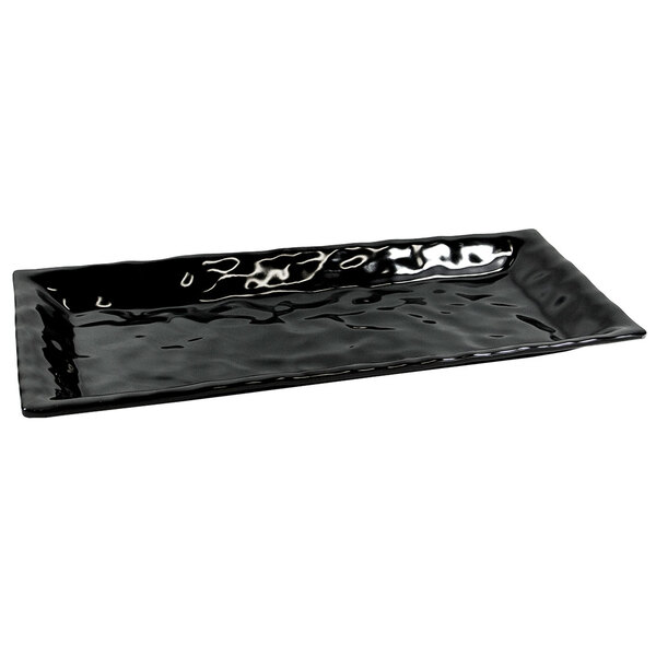 A black rectangular Elite Global Solutions melamine tray with a crinkled surface.