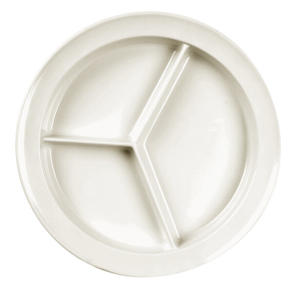 A close-up of a white Thunder Group Nustone melamine plate with three compartments.