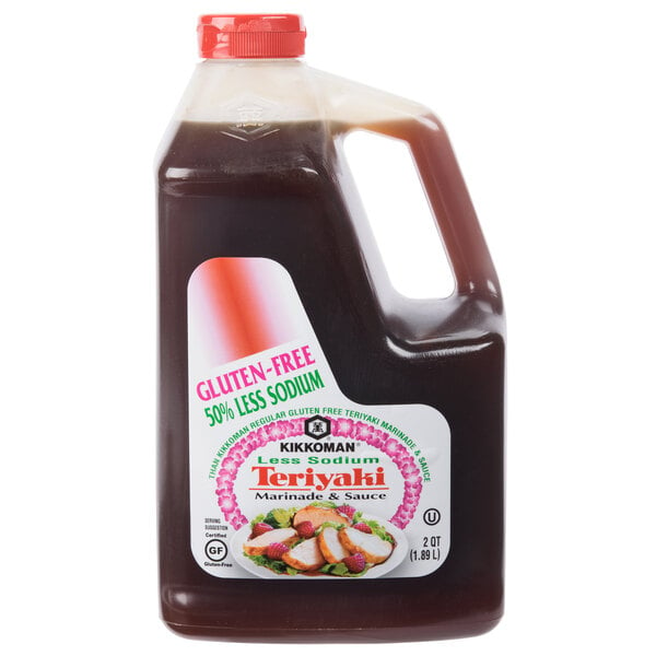 A Kikkoman .5 gallon jug of Less Sodium Gluten-Free Teriyaki Marinade and Sauce with a label.