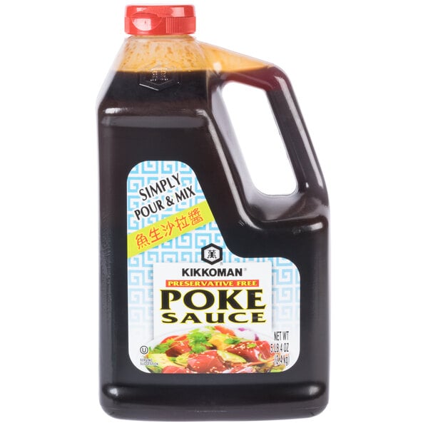 A Kikkoman bottle of brown poke sauce with a red lid.