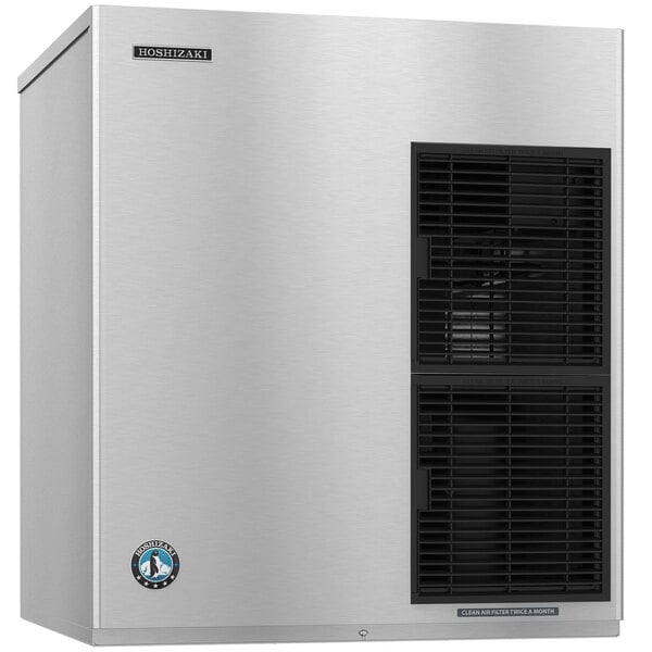 A silver stainless steel rectangular Hoshizaki air cooled ice machine with black vents.
