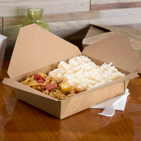 A brown Fold-Pak Bio-Plus-Earth paper take-out box with rice and meat inside.