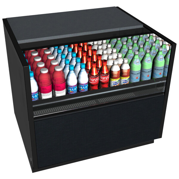 A black Structural Concepts free-standing air curtain merchandiser with bottles of soda inside.