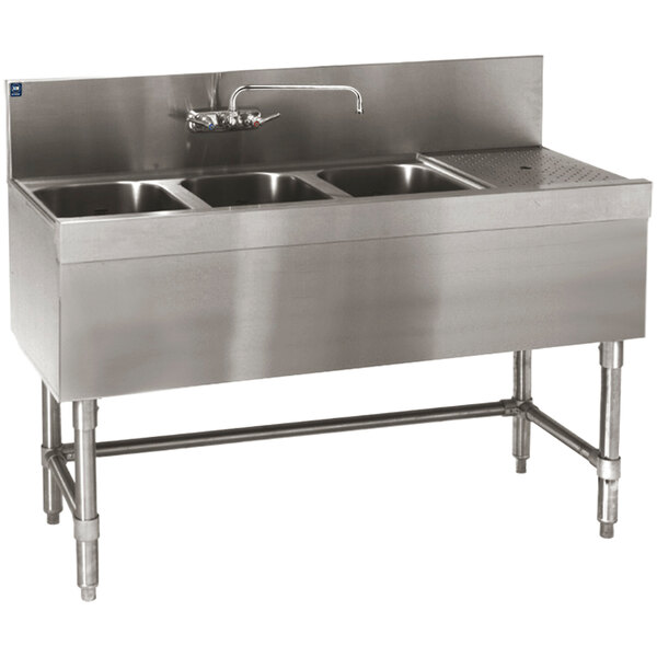 An Eagle Group stainless steel underbar sink with three bowls, a faucet, and a right drainboard.