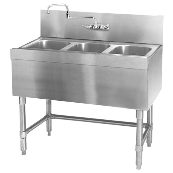 An Eagle Group stainless steel underbar sink with three bowls and a faucet.