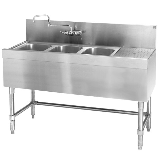 An Eagle Group stainless steel underbar sink with three bowls and a right drainboard.