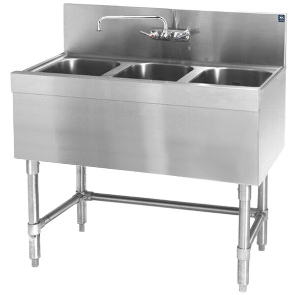 A stainless steel Eagle Group underbar sink with three bowls and a faucet.