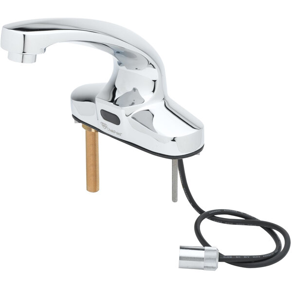 A T&S chrome deck mounted faucet with a water hose attachment.