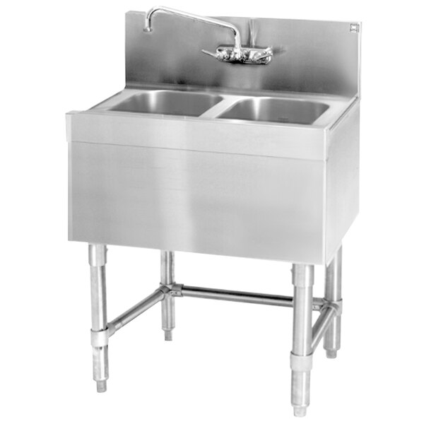 A stainless steel Eagle Group underbar sink with two bowls and a faucet.