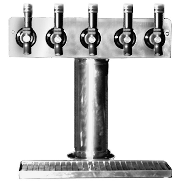 A stainless steel Eagle Group 5 tap tower with black handles.