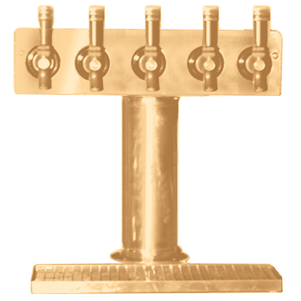 A brass Eagle Group beer tap tower with five taps and a drip tray.