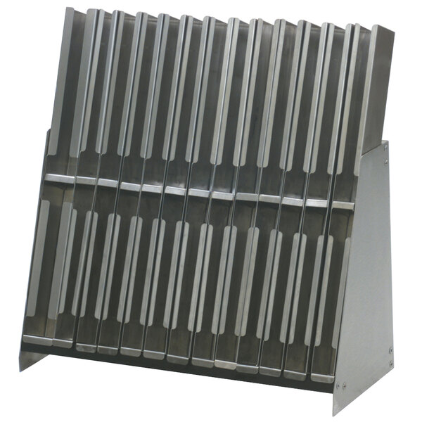A close-up of an Eagle Group stainless steel countertop mini bottle rack with metal rods.
