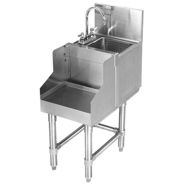 A stainless steel Eagle Group underbar blender station with a sink and deck mount faucet.