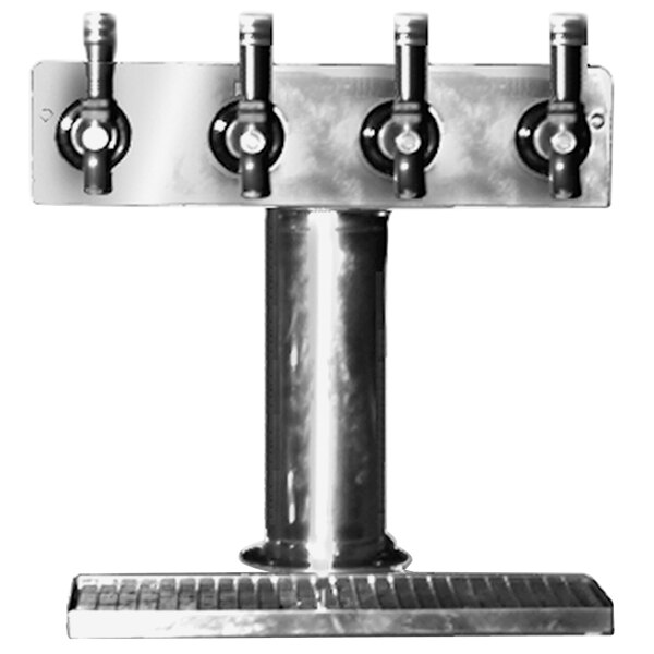 A stainless steel Eagle Group 4-tap tower with black handles.