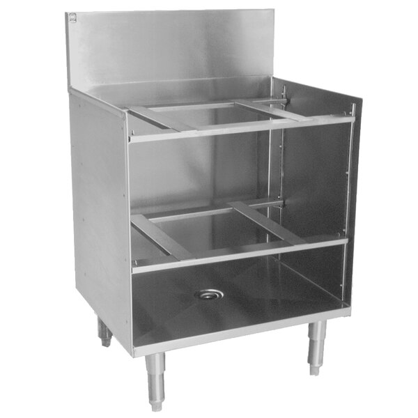 A stainless steel Eagle Group underbar glass rack storage unit with shelves and drawers.