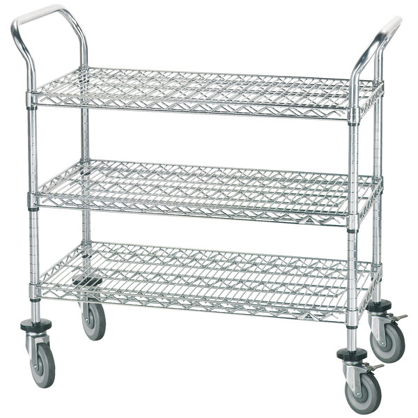 An Advance Tabco three-tiered metal utility cart with rubber casters.