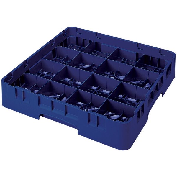 A navy blue plastic Cambro glass rack with 16 compartments and extenders.