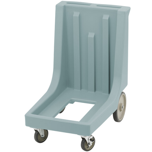 A slate blue plastic dolly for Cambro containers with wheels.