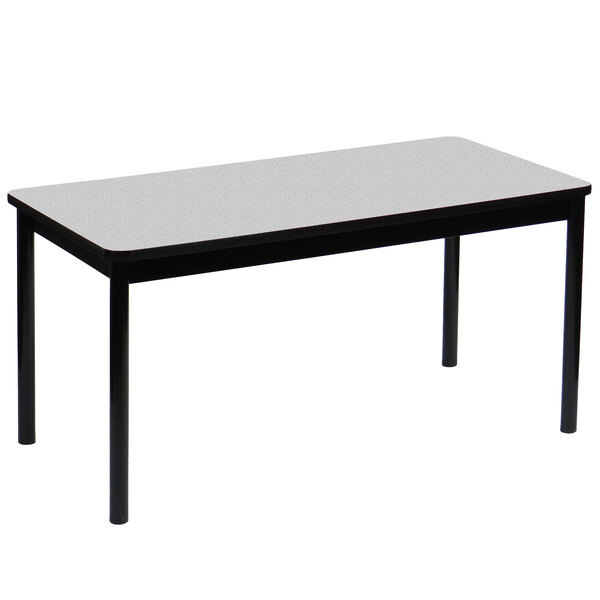 A rectangular Correll library table with black legs and a gray top.